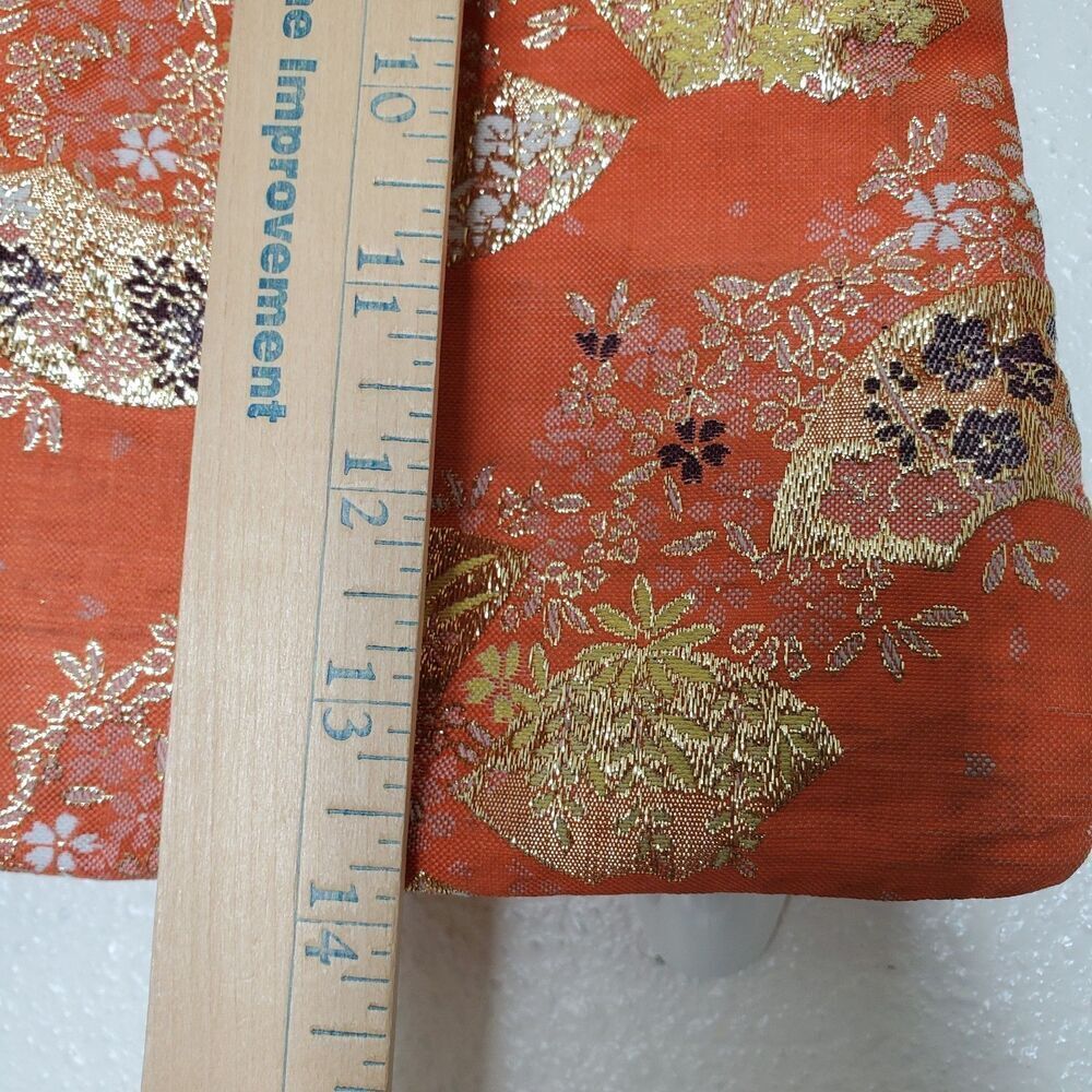 Vintage Orange Brocade Bamboo Handle Bag Gold Metallic Fan Floral Tote Handbag - Picture 7 of 16